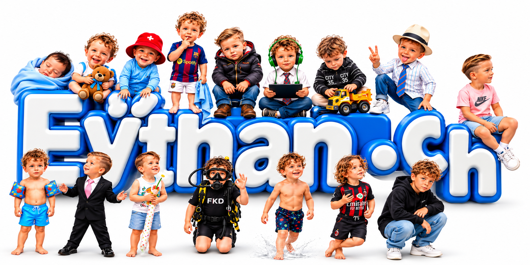Eythan.ch - le prénom Eythan entouré d'Eythan à tous les âges, et un petit Eythan qui pousse le .ch